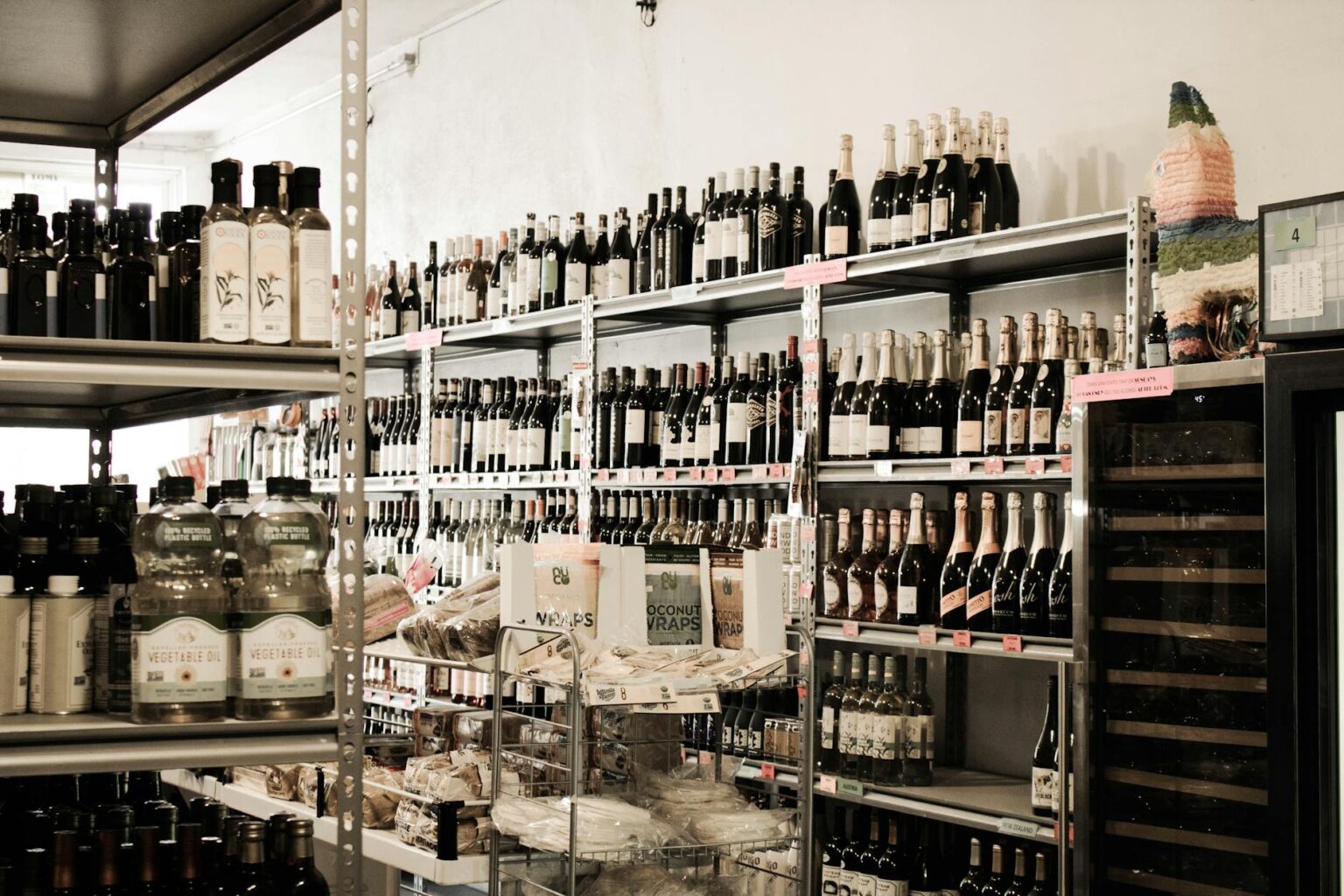 Modern grocery store aisle with shelves of food products