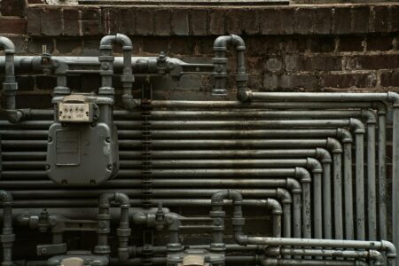 Industrial copper pipes and electrical components used in data center construction