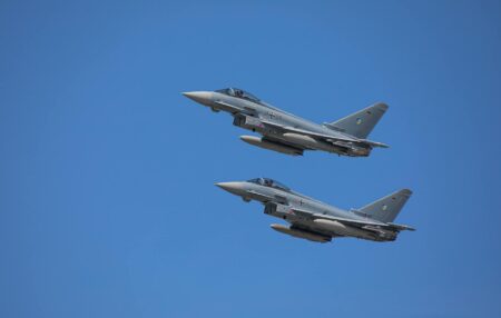 Military fighter jets on airfield representing defense industry growth