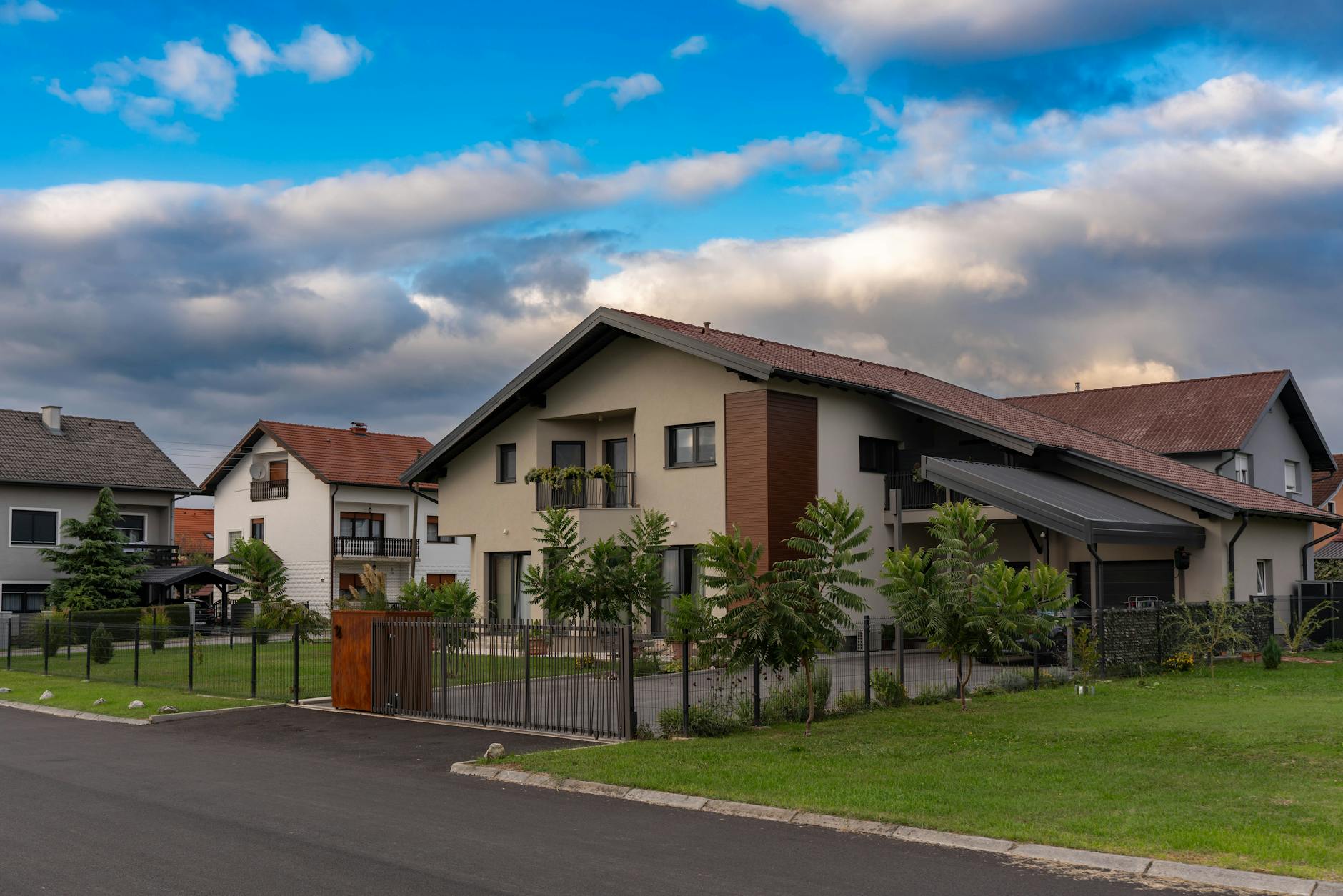 Residential neighborhood with single-family homes and tree-lined streets
