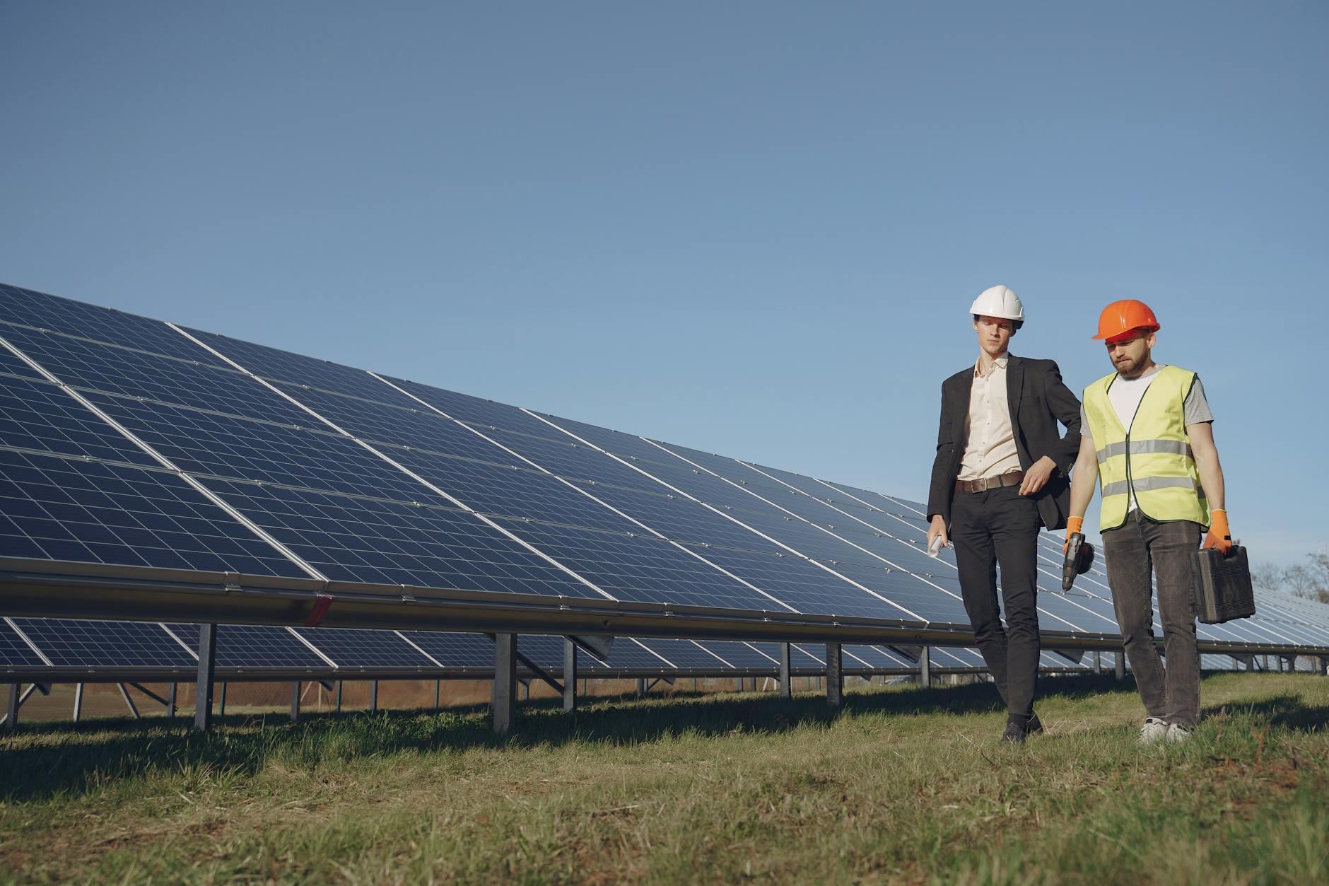 Aerial view of large solar panel installation generating renewable energy