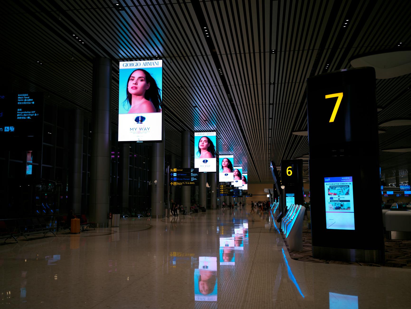 Interactive digital kiosk screen displaying self-service options in retail environment