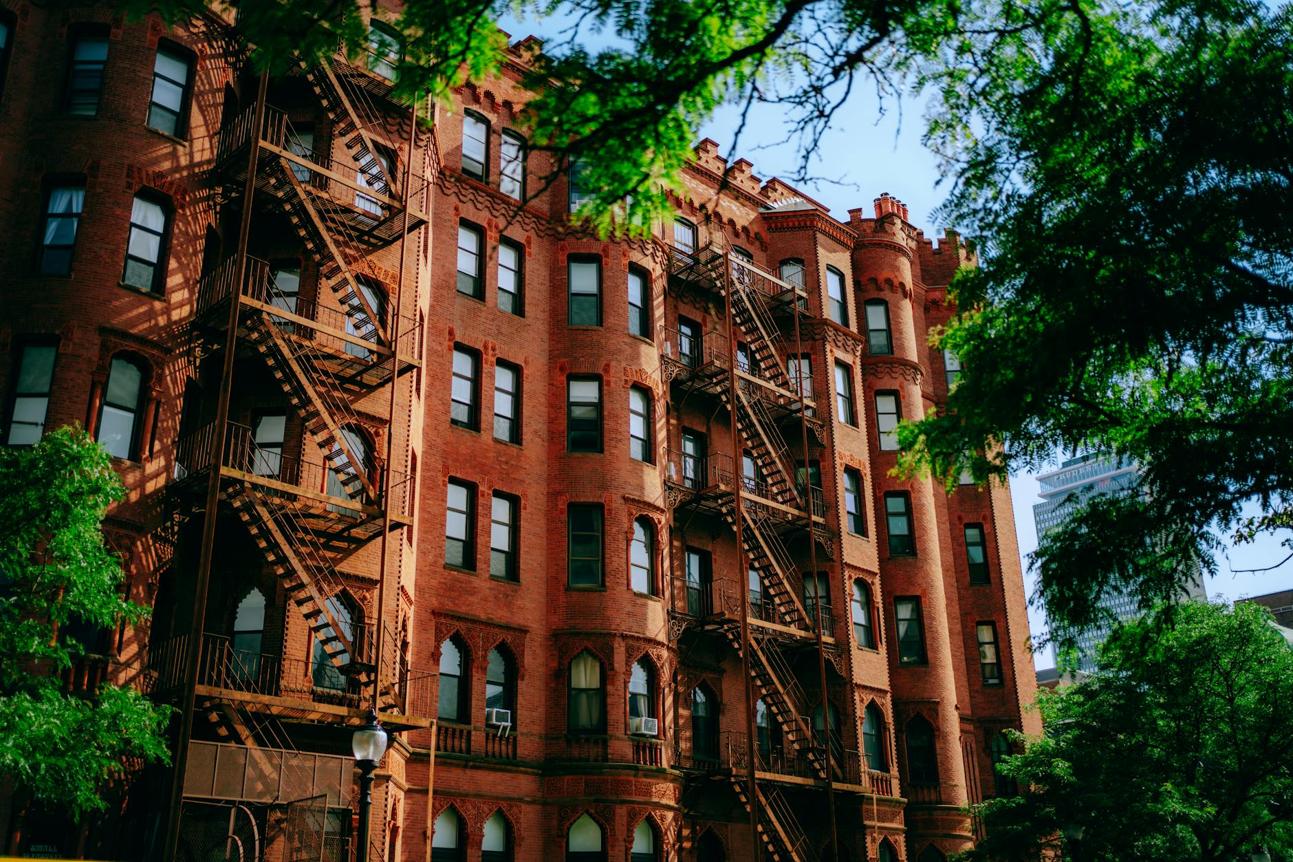 Modern residential apartment building in downtown urban setting