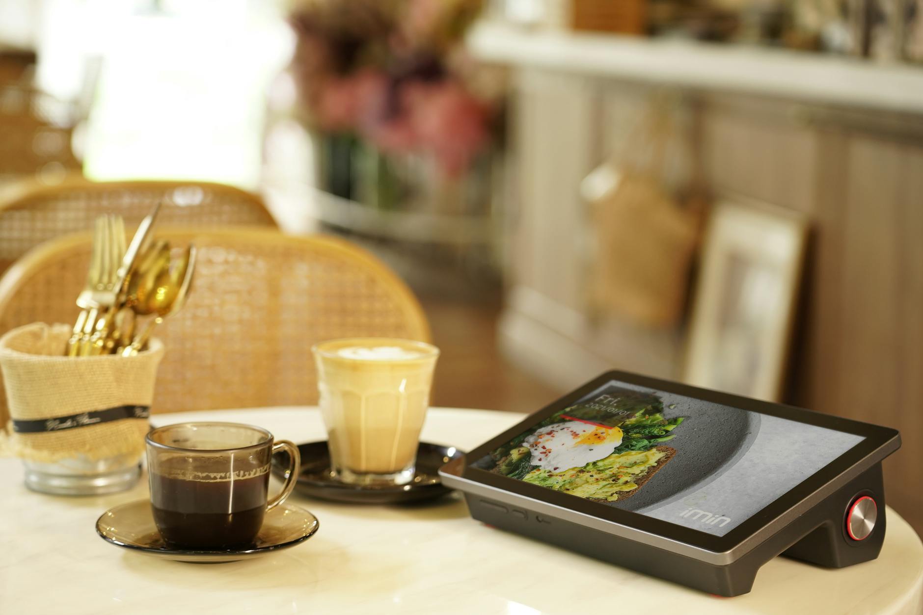 Customer using tablet for self-service ordering at restaurant table