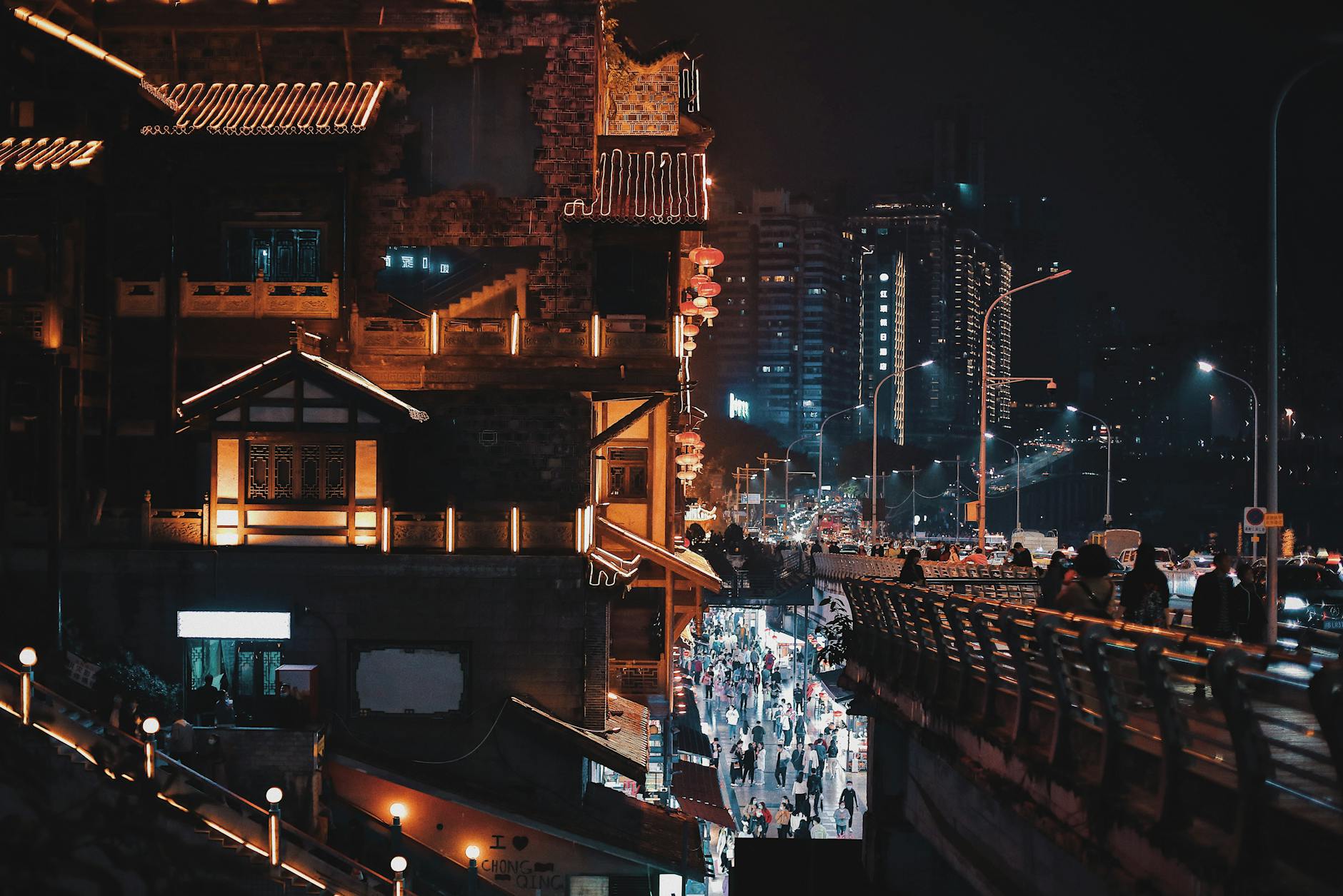 Aerial view of a busy financial district in a developing country