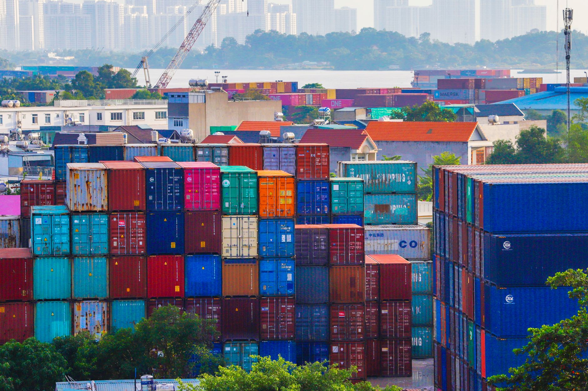 Stacked shipping containers at a port facility