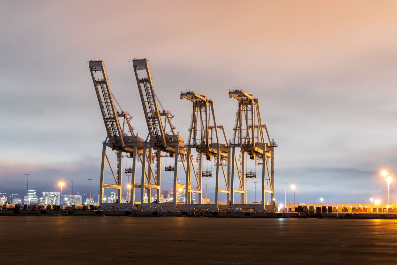 Large container port cranes unloading cargo ships at a busy terminal