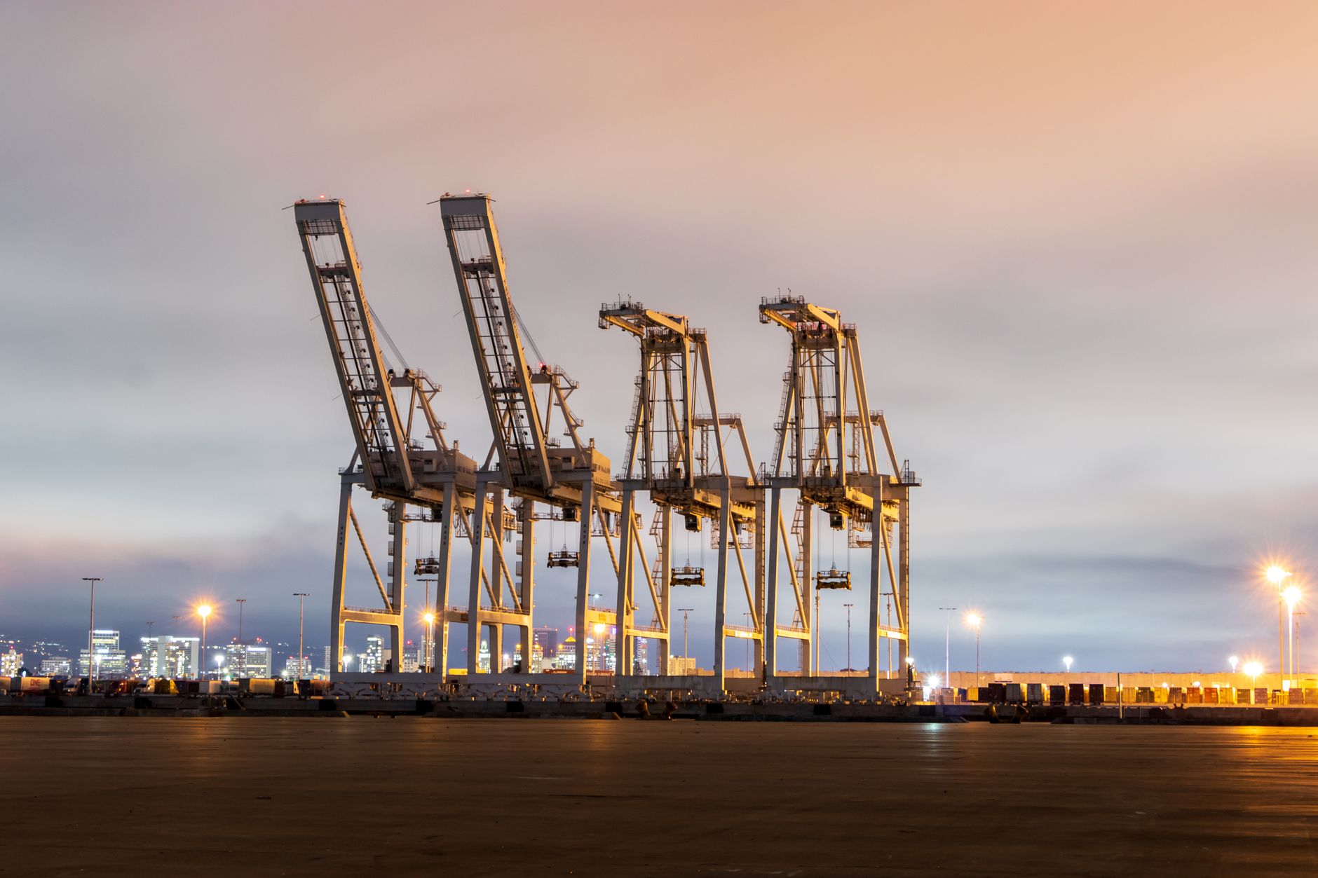 Large container port cranes unloading cargo ships at a busy terminal