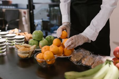 Catered lunch spread set up in a corporate office meeting room